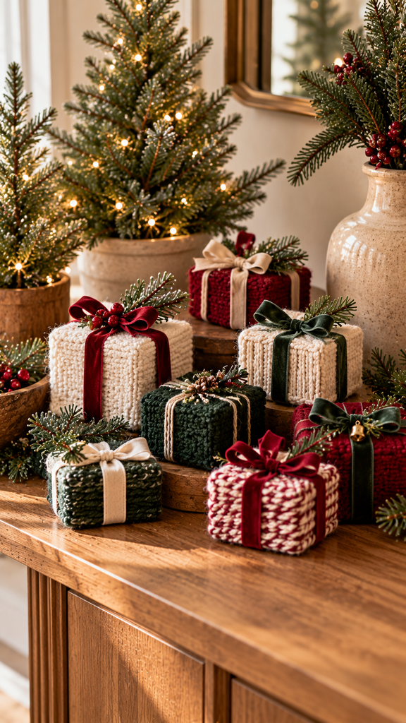 miniature handmade Christmas presents displayed beneath small tabletop Christmas trees