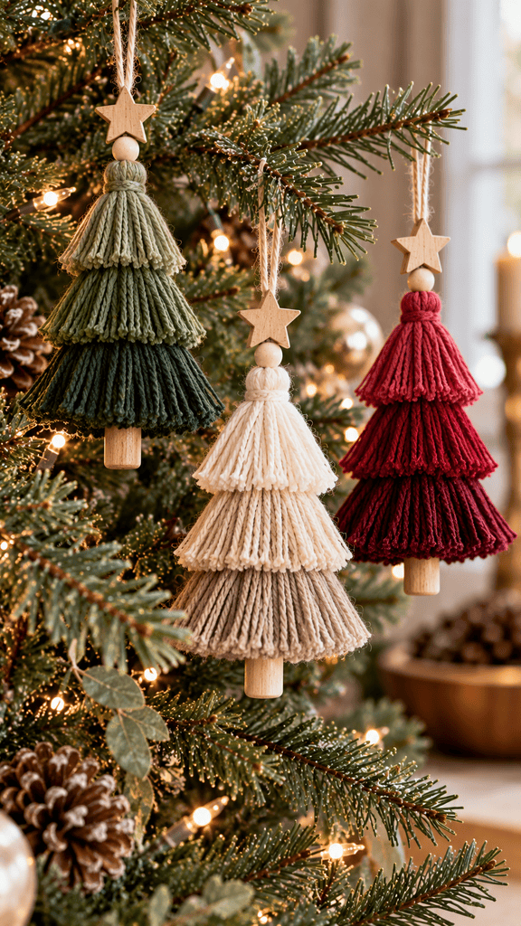 handmade Christmas tree ornaments created from layered yarn tassels