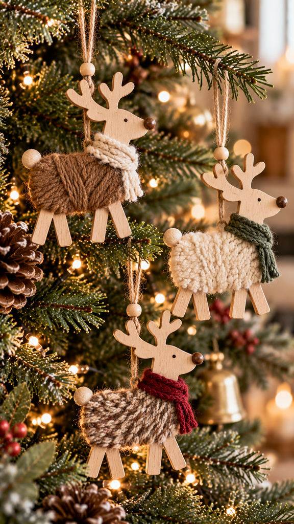 handmade wooden reindeer ornaments hanging from natural evergreen branches