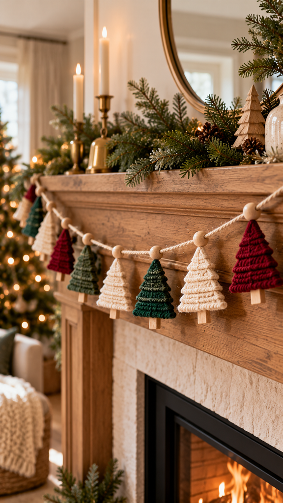 handmade Christmas garland stretching across a warm wood fireplace mantel, miniature wooden Christmas tree shapes
