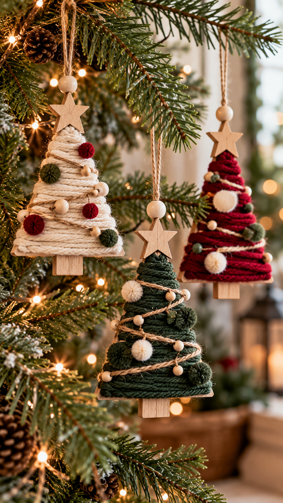 handmade miniature yarn Christmas tree ornaments hanging from evergreen branches