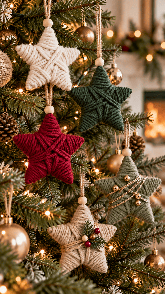 handmade yarn-wrapped star ornaments hanging from a natural Christmas tree