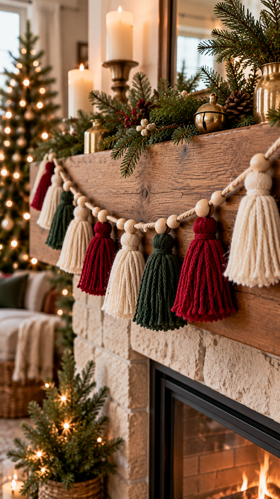 handmade Christmas garland featuring soft yarn tassels alternating with natural wooden beads