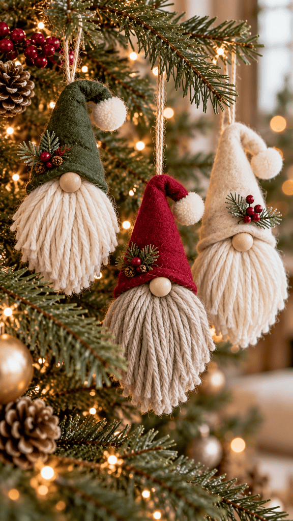 handmade Christmas gnome ornaments hanging from evergreen branches