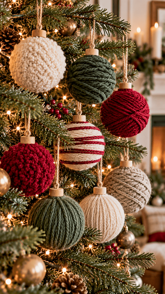 handmade Christmas ball ornaments completely wrapped in textured yarn