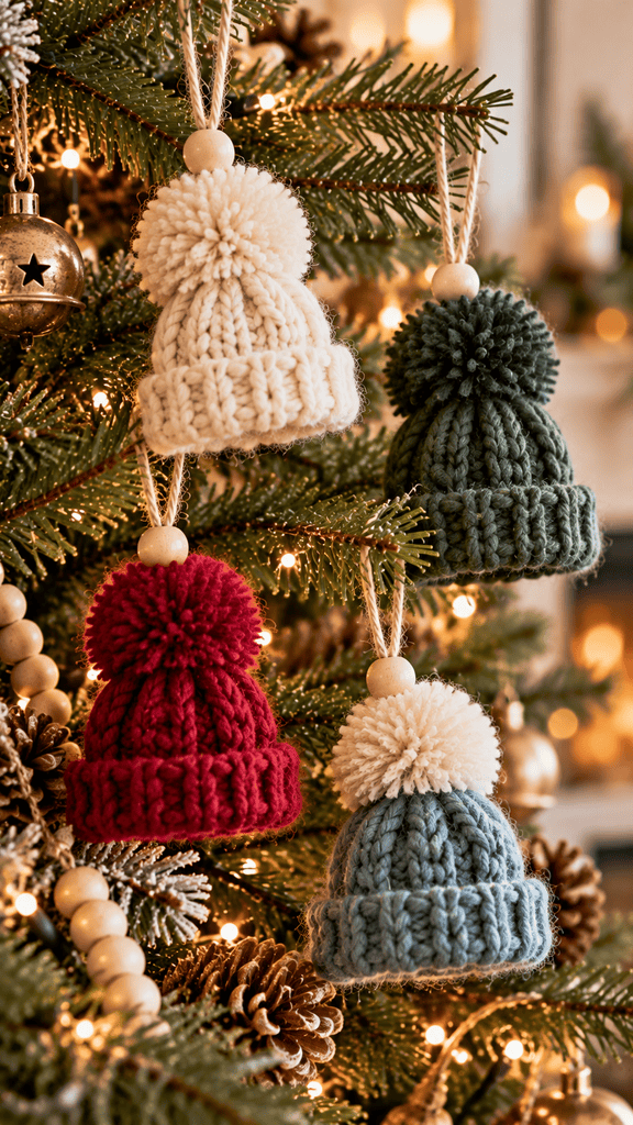 miniature handmade yarn winter hat ornaments hanging from a Christmas tree