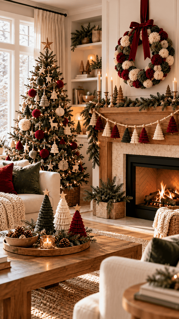 cozy modern living room decorated with a coordinated collection of handmade yarn Christmas decor