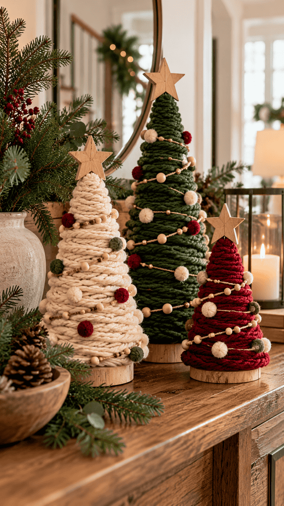 Photorealistic close-up of three handmade yarn-wrapped Christmas trees in different heights displayed on a warm wood console