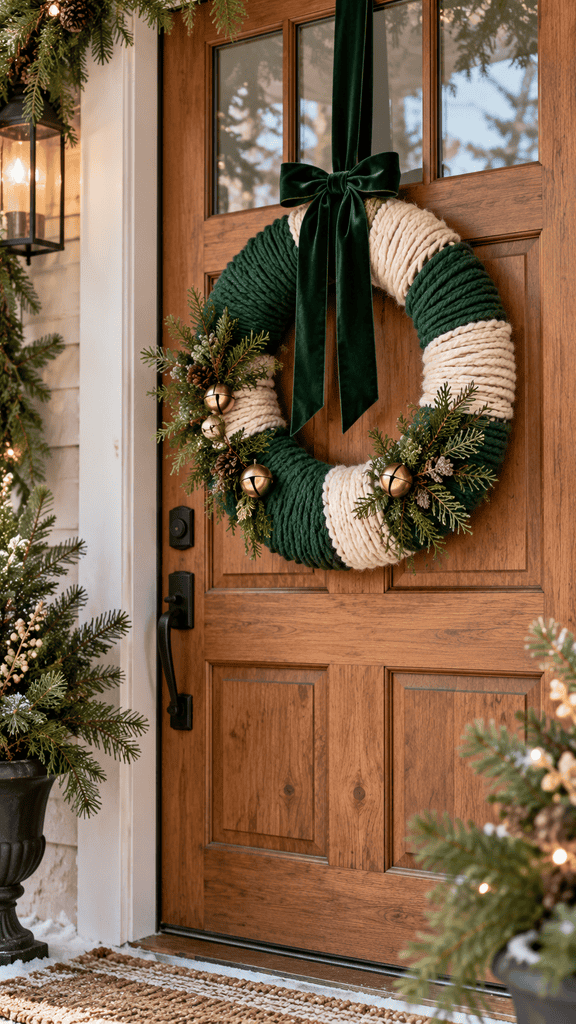 Handmade Christmas wreath completely wrapped in thick soft forest green and cream chunky yarn, finished with a rich velvet ribbon and small brass bells