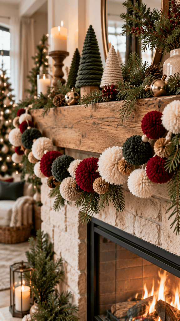 Handmade yarn pom-pom Christmas garland draped across a warm wood fireplace mantel