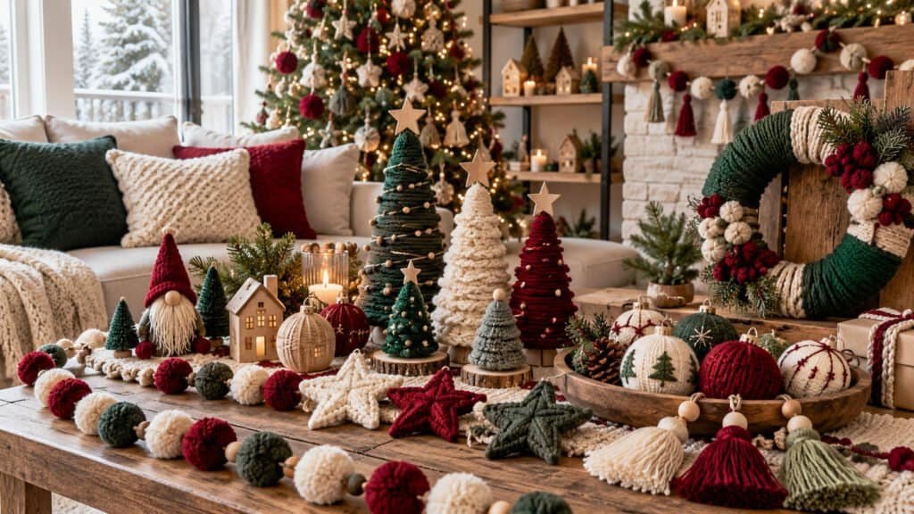 photorealistic collection of handmade Christmas decorations created from yarn displayed together in a cozy modern living room