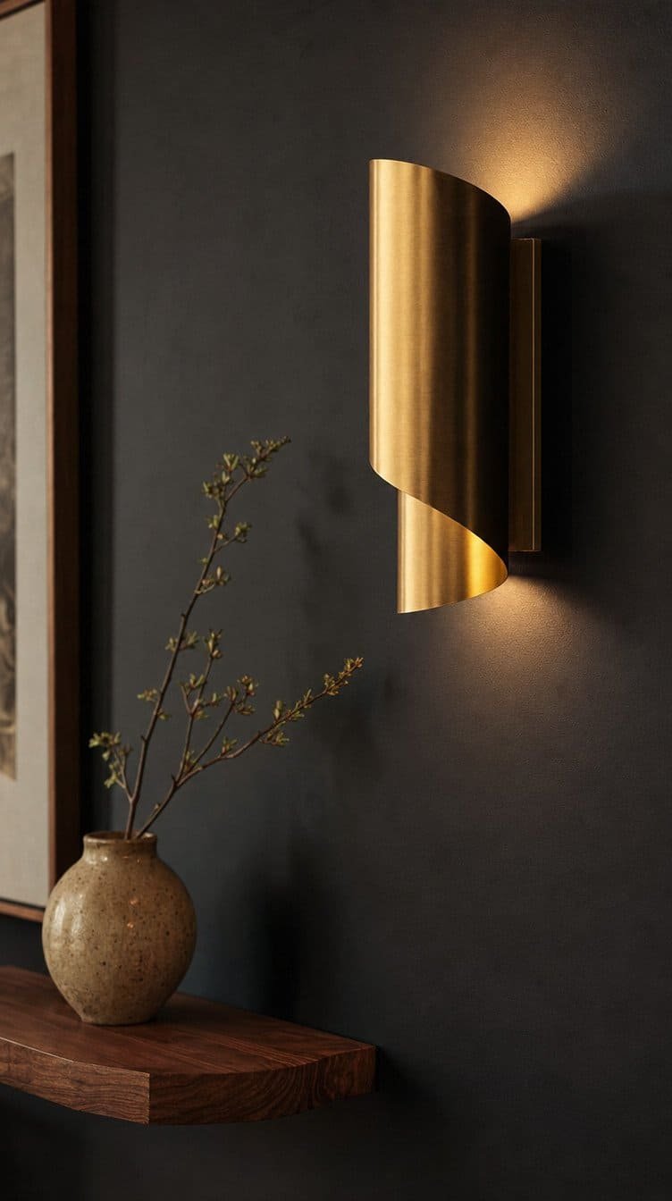 Matte black accent wall with a glowing brass sconce and walnut shelf with a vase