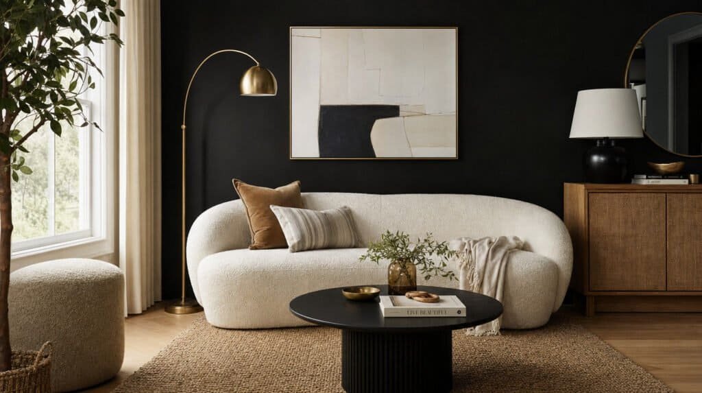 Living room with a matte black accent wall behind a cream boucle sofa and brass lamp.