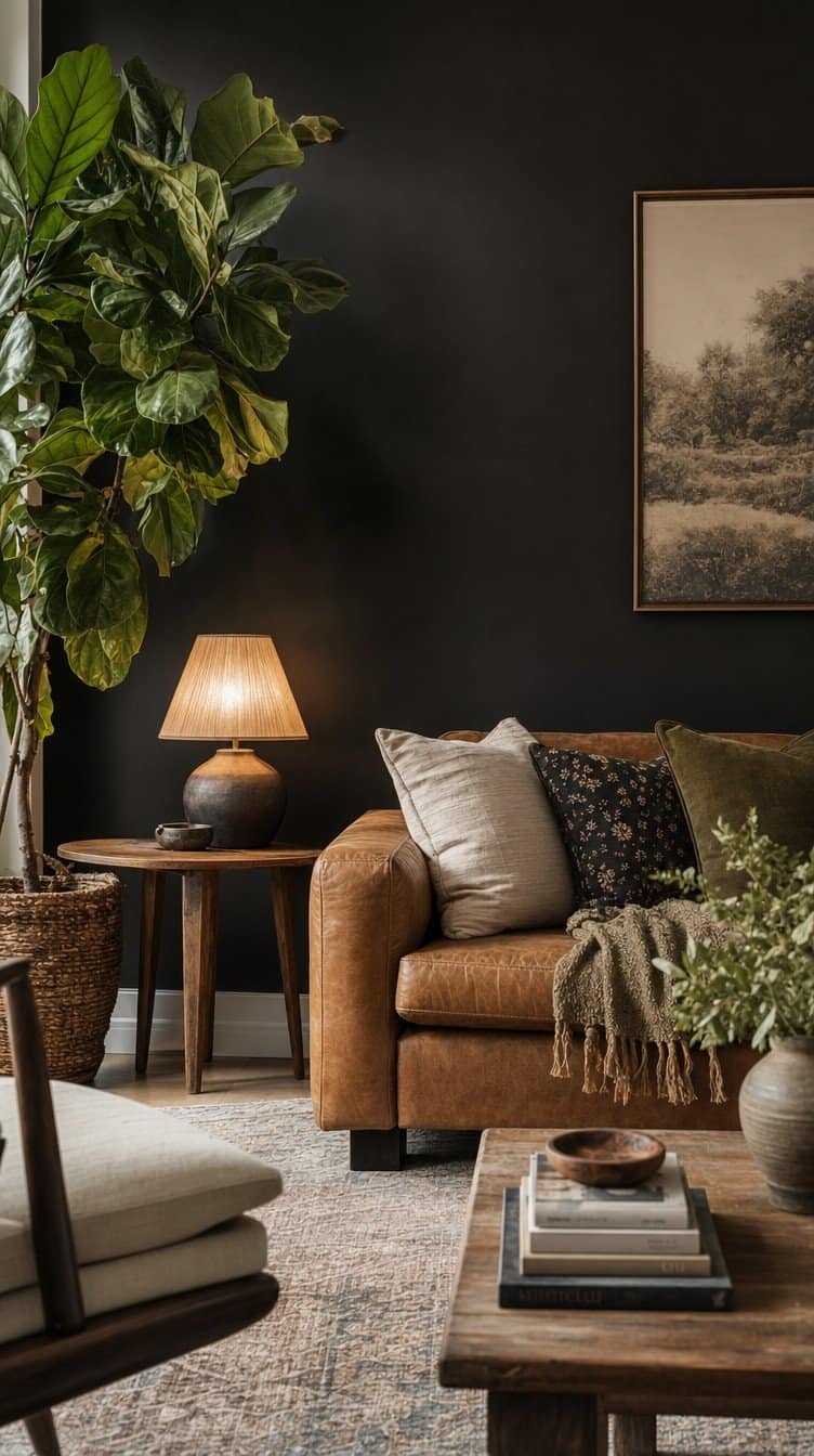 Matte black painted accent wall behind a tan leather sofa with a fiddle leaf fig - black accent wall ideas