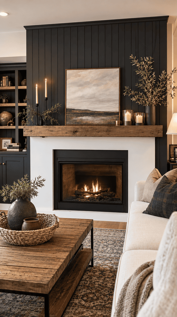 Fireplace wall with black painted vertical shiplap and a reclaimed wood mantel