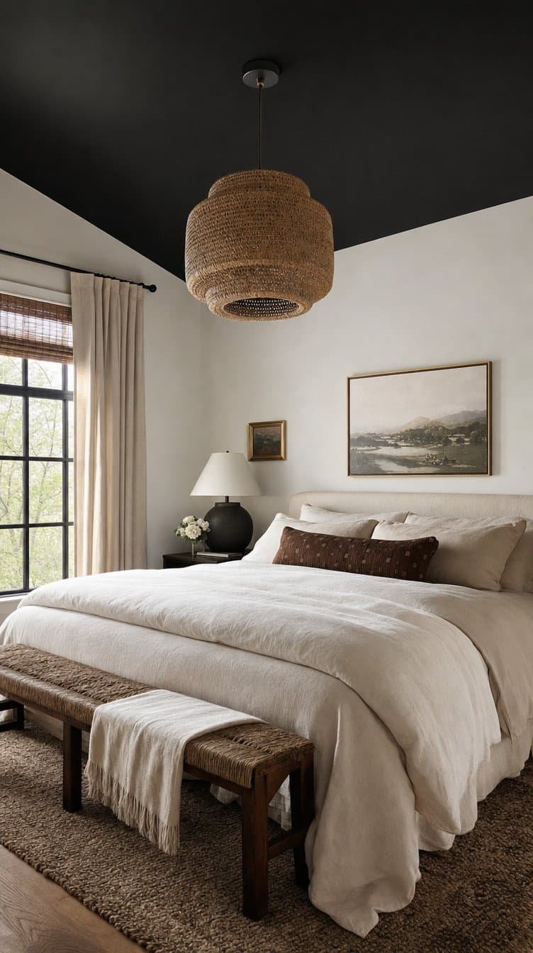 Bedroom with a matte black painted ceiling and a rattan pendant light