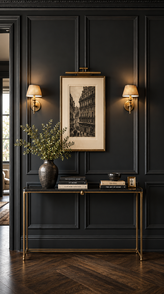 Black accent wall with tone on tone picture frame moulding and antique brass sconces