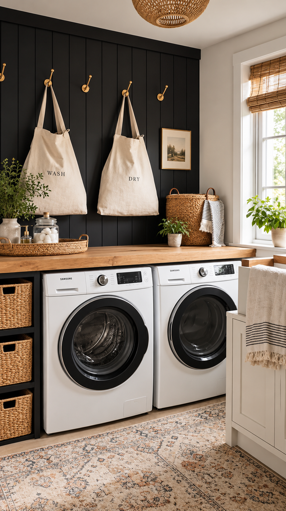 Laundry room black accent wall behind white washer and dryer with wood countertop