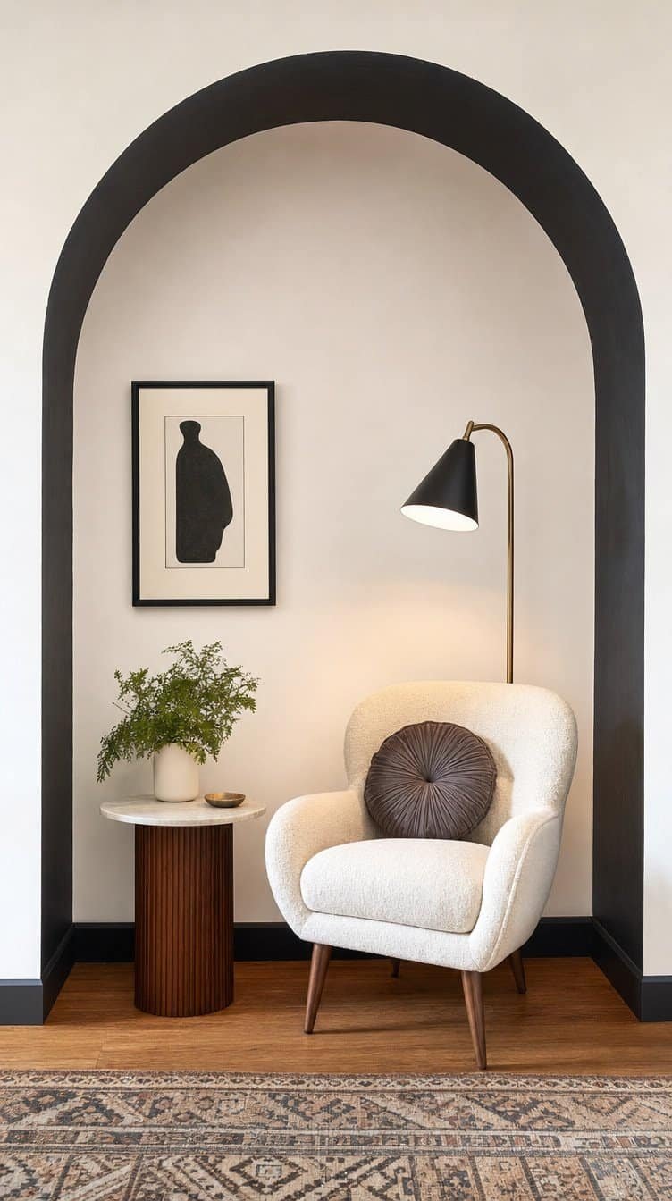 Painted black arch on a white wall framing a cream accent chair reading nook