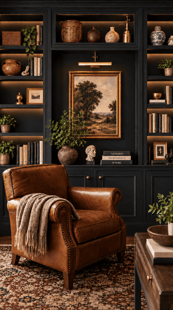 Built-in bookshelves and wall painted black with a brass picture light and leather chair