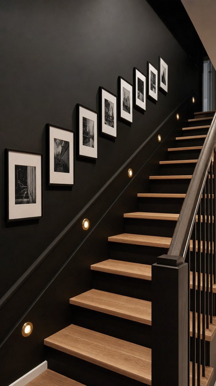 Stairwell wall painted matte black with a climbing row of black and white framed photos