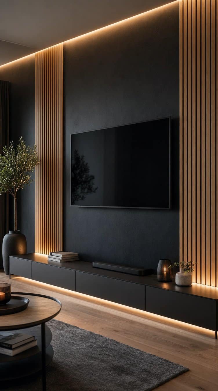 Black accent wall with oak wood slat panels and warm hidden LED lighting