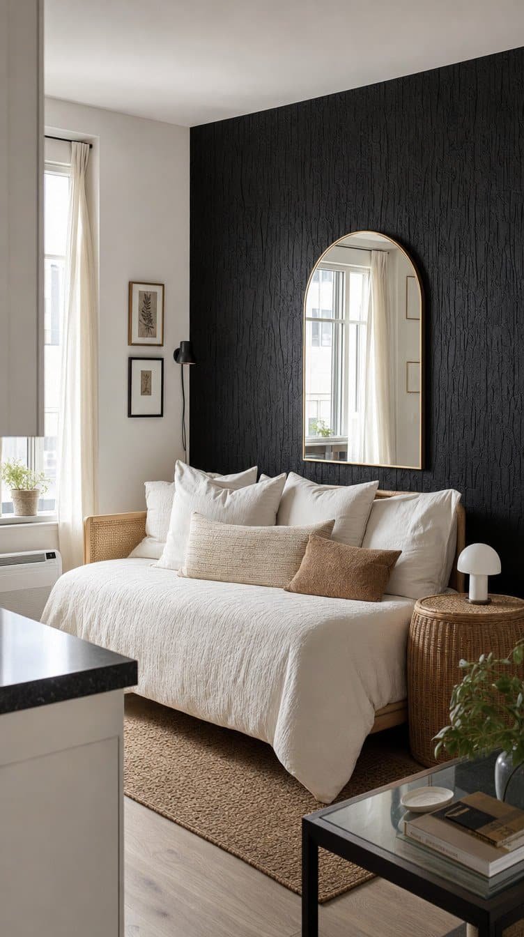 Studio apartment with black textured peel and stick wallpaper behind a daybed
