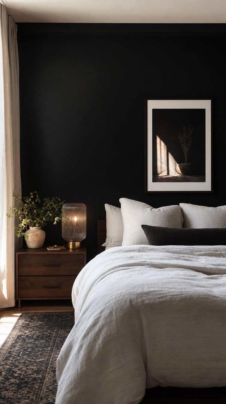 Bedroom with a soft black painted wall behind the bed and white linen bedding