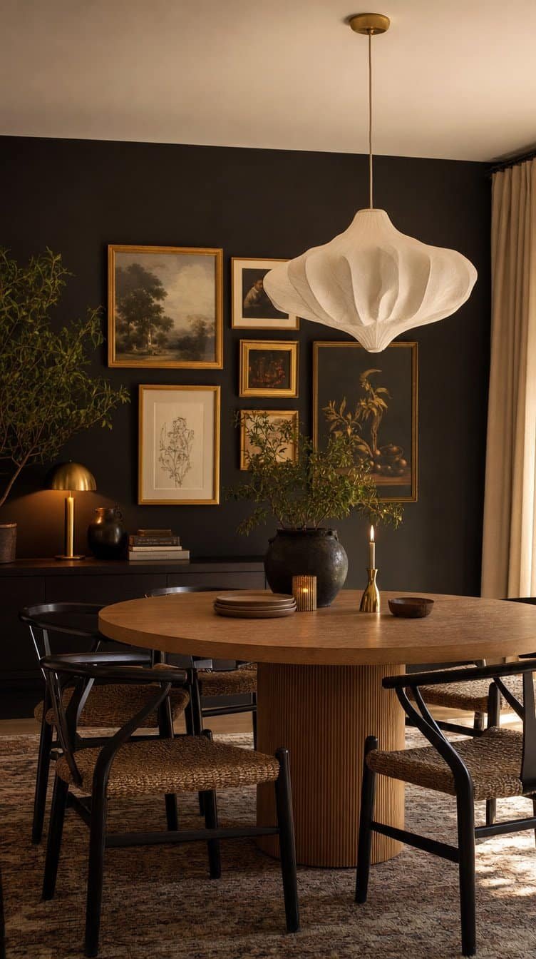 Dining room black accent wall with a gallery of gold framed art above an oak table