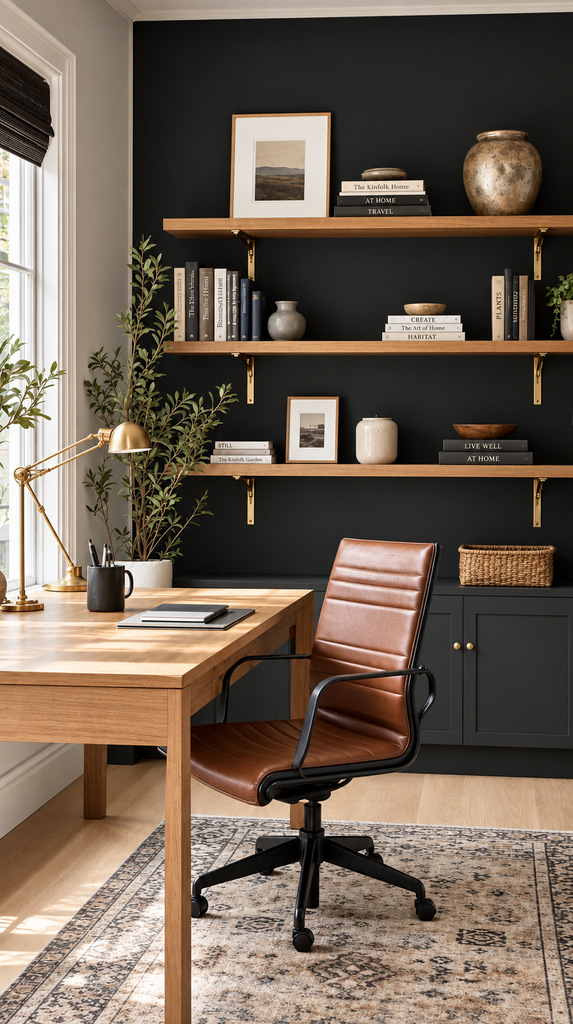 Home office black accent wall with brass bracket shelves above a light oak desk