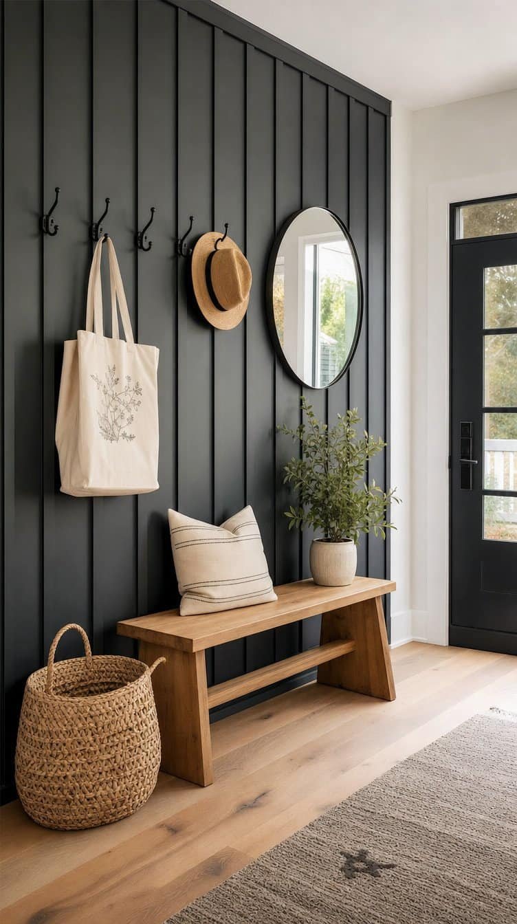 Entryway with black board and batten accent wall, wooden bench, hooks, and round mirror