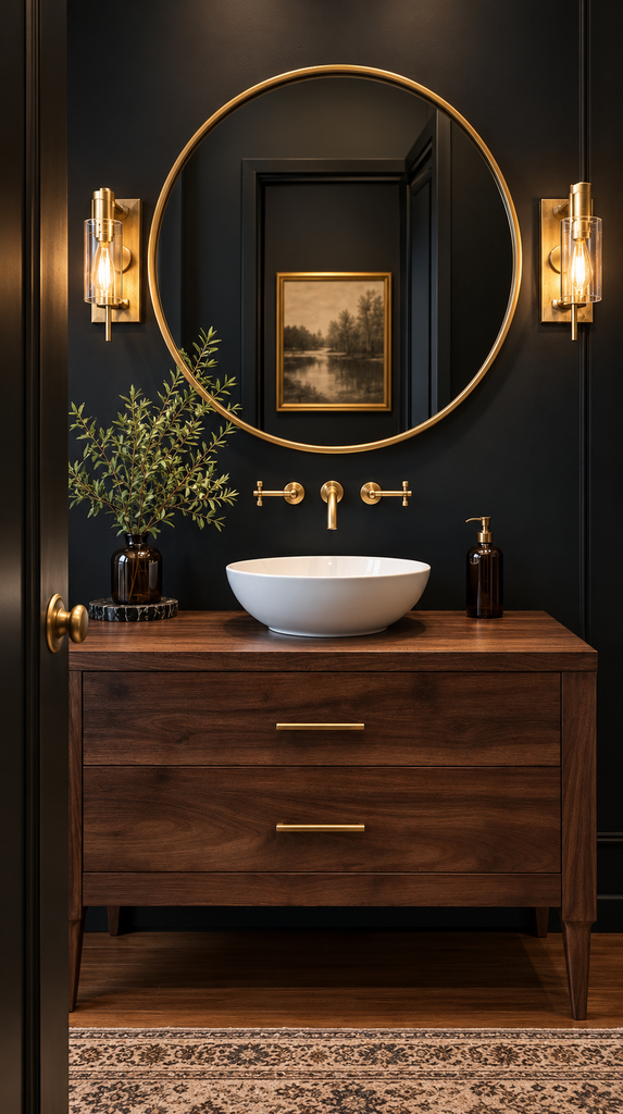 Black powder room with oversized round gold mirror, walnut vanity, and brass sconces