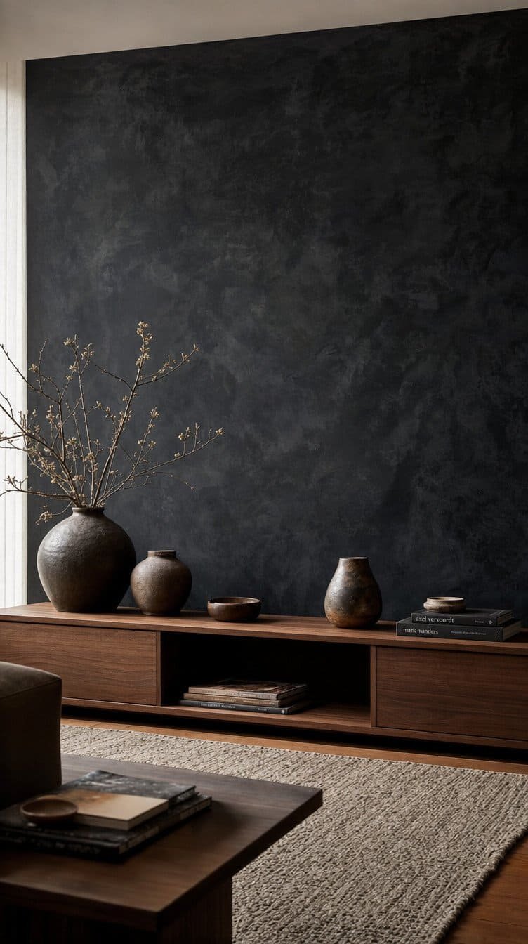 Soft black limewash accent wall with cloudy texture behind a walnut console