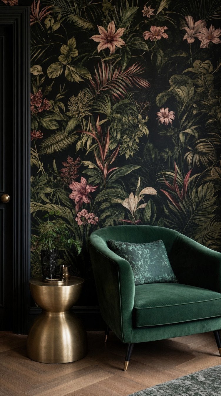 Black botanical wallpaper accent wall behind an emerald velvet armchair