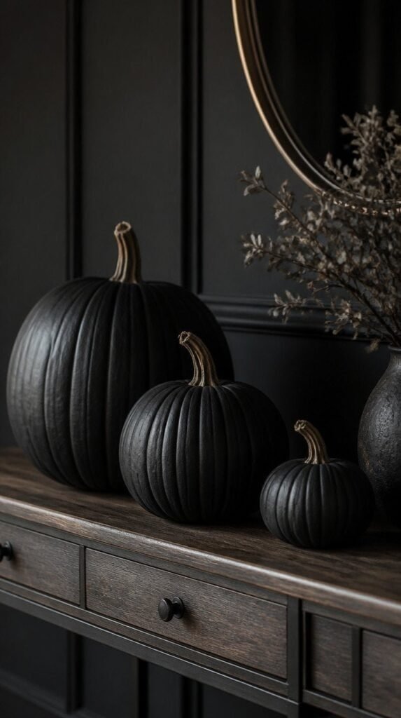 Matte black painted pumpkins grouped on a console table -moody black fall decor ideas