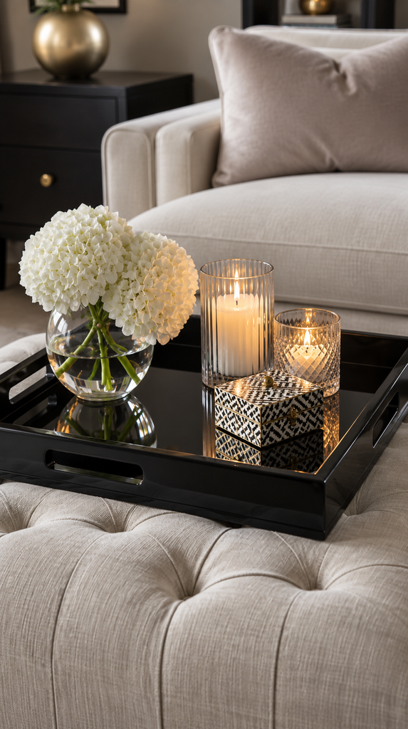Glossy black lacquer tray styled with candles and a mini vase