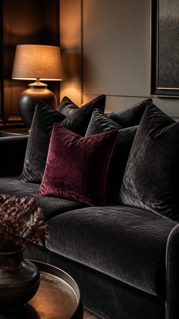 Charcoal velvet throw pillows with a burgundy accent pillow on a dark sofa