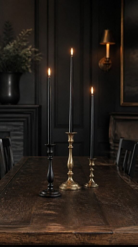 Black taper candle trio in mismatched holders on a dining table