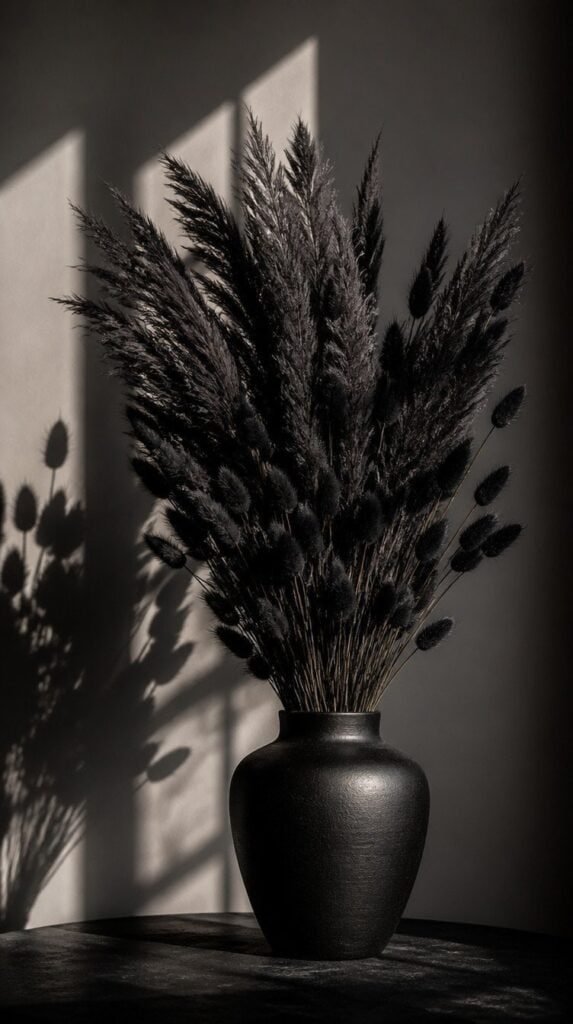 Dried pampas grass painted matte black in a dark ceramic vase