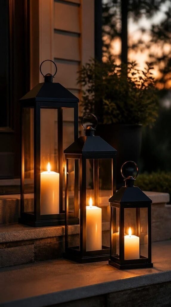 Matte black metal lanterns glowing on a front porch at dusk