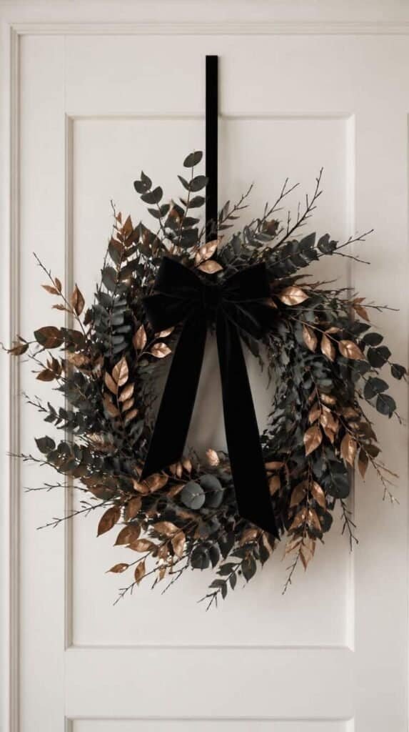 Fall wreath with dark eucalyptus and a black velvet bow on a light door
