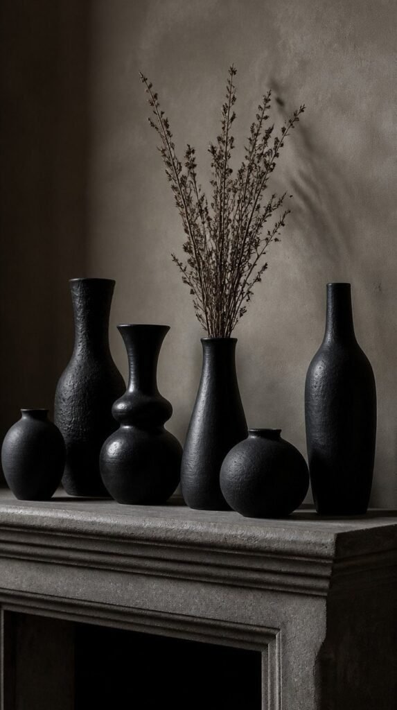 Collection of black ceramic vases on a mantel shelf