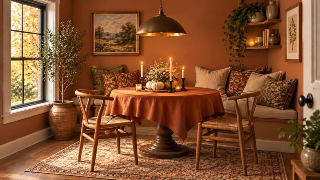 Cozy small fall dining nook with round table, rust tablecloth, pumpkins and candlelight