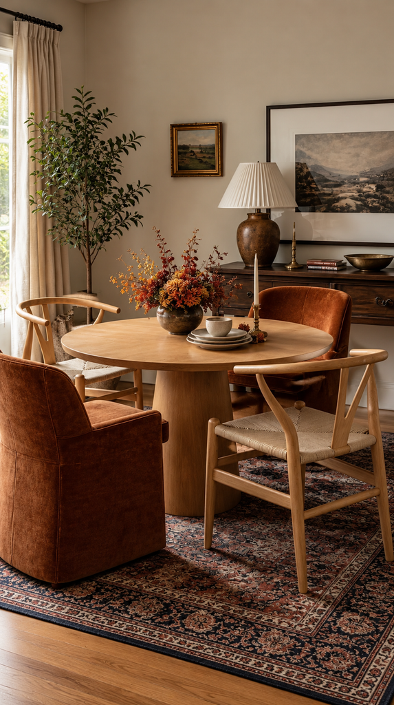 Mix of wood wishbone and rust velvet chairs around a small fall dining table