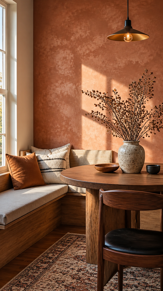 Terracotta limewash accent wall warming a small cozy fall dining nook