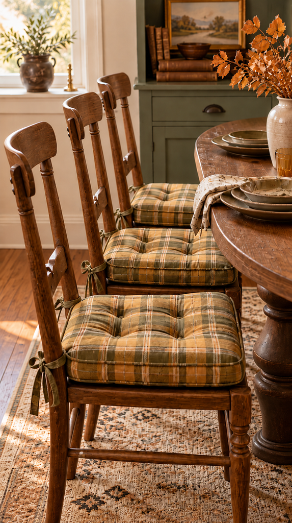 Wooden dining chairs with mustard and plaid tie-on seat cushions for fall