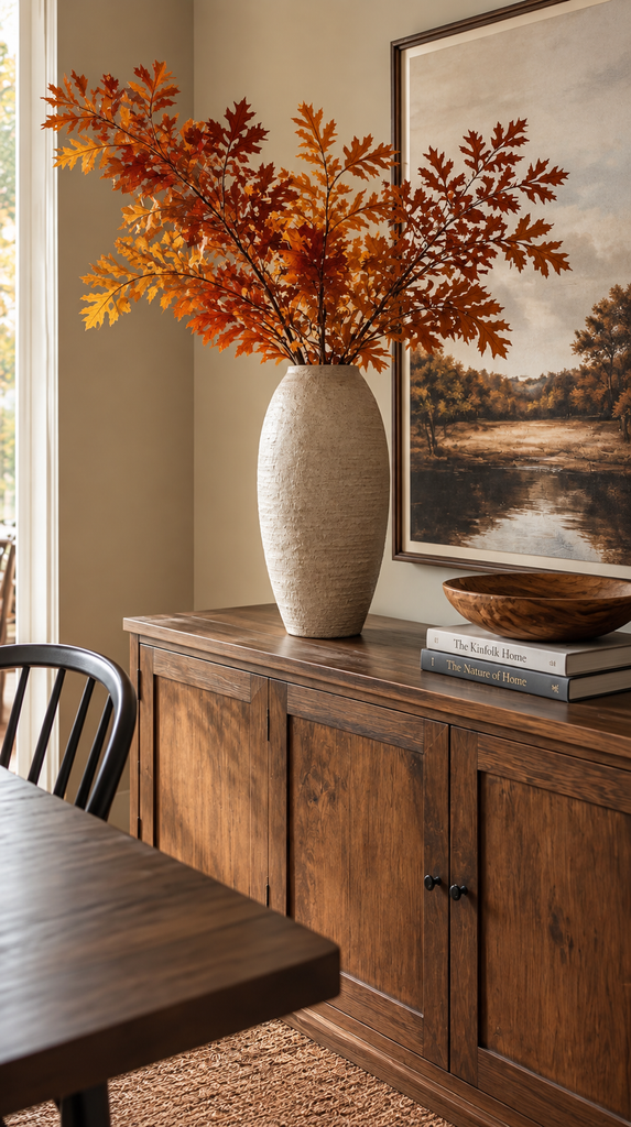 Tall ceramic vase with fall oak branches on a sideboard in a small dining room