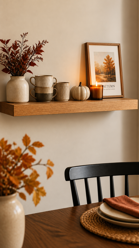 Floating wood shelf styled with fall mugs, candle and small pumpkin in a dining nook.