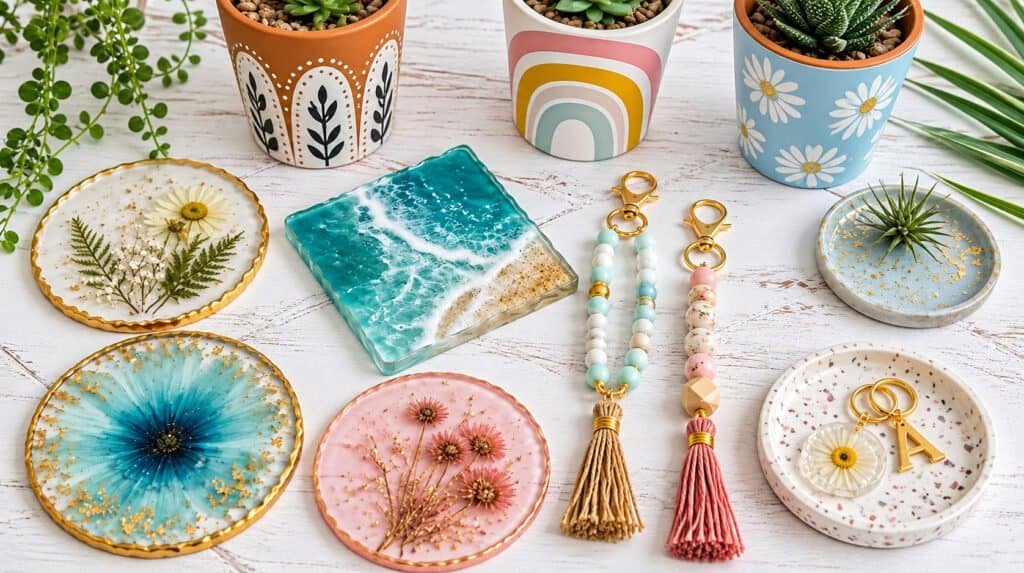 Flat lay of handmade resin coasters, beaded keychains, and painted pots ready to sell