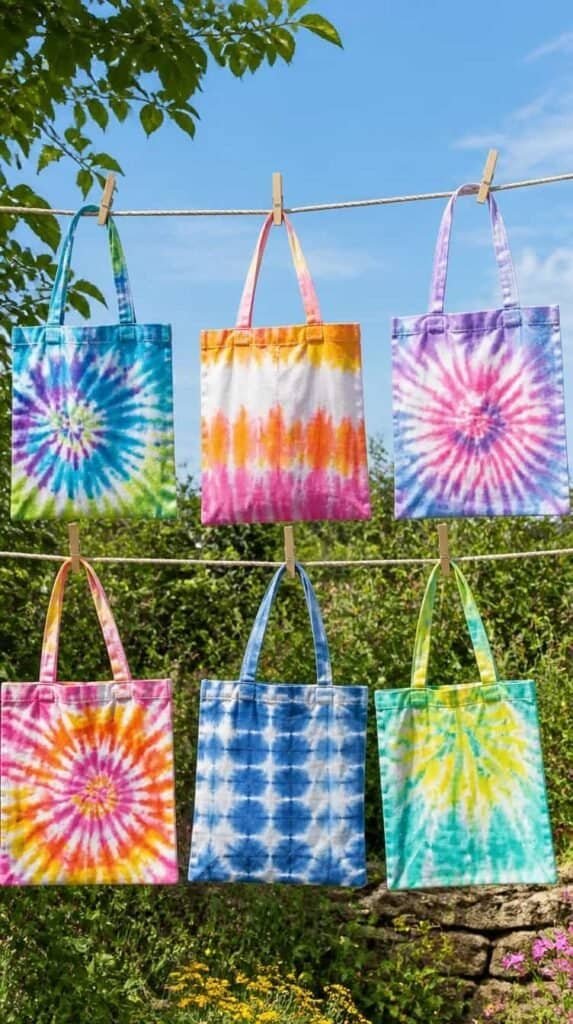 Colorful tie dye tote bags drying on a clothesline
